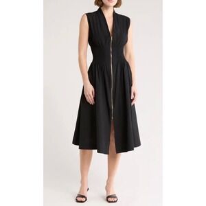 52seven Women's L Dolce Vita Midi Dress Black Smocked Waist Zipper NEW